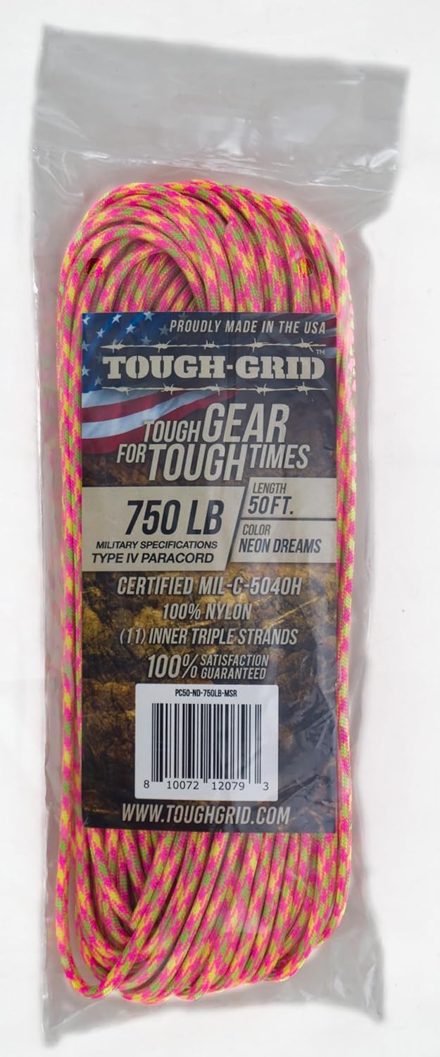 TOUGH-GRID 750 Paracord Rope Nylon Parachute Cord, Made in USA Survival Kit, Outdoor Adventures, Camping, Tactical Gear & Emergency Supplies, Military Type IV Mil-Spec