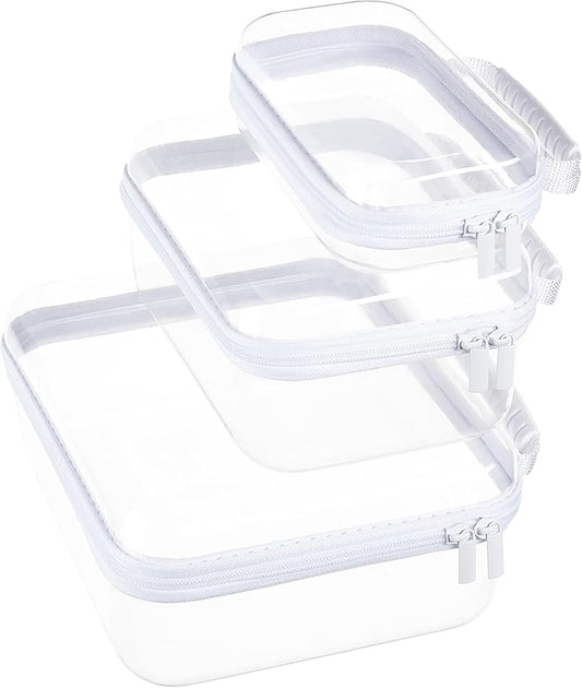 3 pcs Zipper Pouches with Handles, Clear Hard Shell Toiletry Bags, Stackable Travel Organizer, Cosmetic Bags, Transparent Diaper Bag Storage Cases (Handle-LMS)