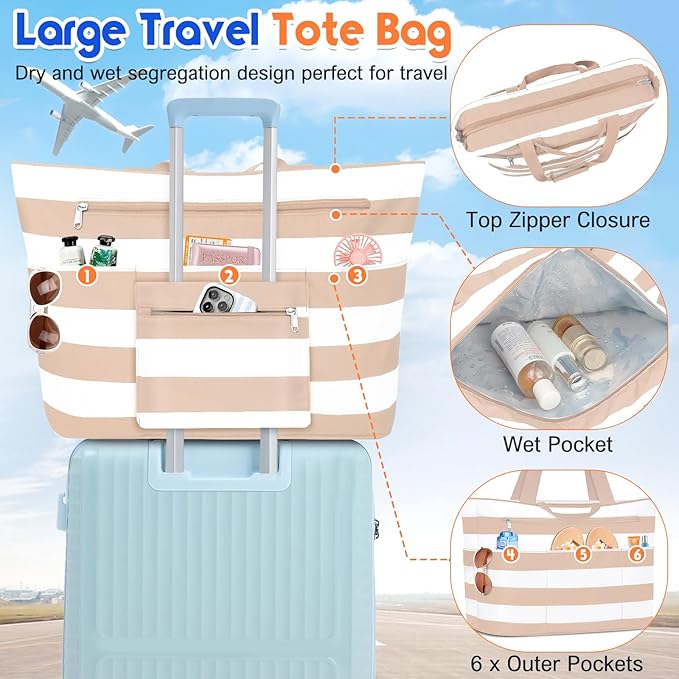 BKNOOU Extra Large Beach Bags Waterproof Sandproof XL Beach Tote Bag for Women Zipper Foldable Swim Pool Bag with Wet Pocket