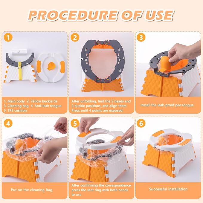 Foldable Travel Potty for Toddlers, Portable Potty Chair with Bag & 30 Pouches - Kids Toilet for Car, Camping, Indoor Outdoor - Splash-Proof Design, Easy Clean Training Seat(Orange)