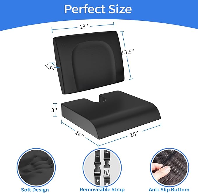 Wheelchair Cushions, 18''x16''x 3'' Gel Wheelchair Seat Cushion with Lumbar Pillow, (2-Piece Set) for Relieve Sciatica, Back, Coccyx, Pressure Sore, Pressure Relief, with Anti-Slip Cover, Strap