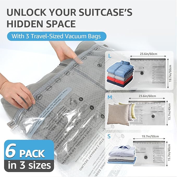 Vacuum Bags for Travel with Rechargeable Pump, 3 Sizes Vacuum Seal Bags for Clothing, Compression Vacuum Travel Bags for Luggage, Vacuum Packing Bags for Closet Organization (6)