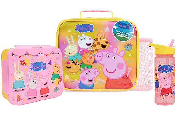 Get Trend Peppa Pig Lunch Bag, Lunch Box, Water Bottle for Kids 3 Piece Set Bento Box, Insulated Snack Container, Meal Holder Gifts for Kids (Multi Peppa Pig)