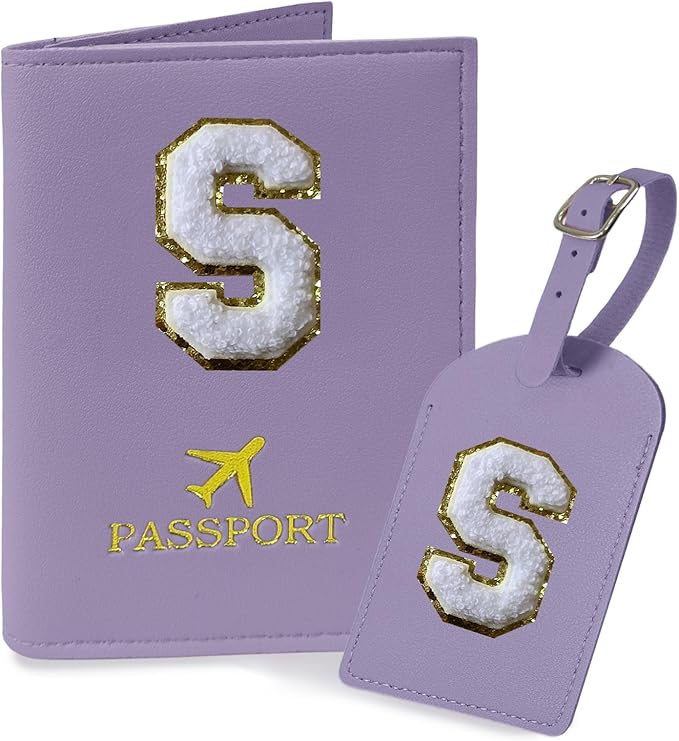 COSHAYSOO Purple Passport Cover Holder and Luggage Tag Set TSA Approved with Initial Chenille Letter Patch A-Z for Women Teenage Girls, Vaccine Card Slot Travel Bag Suitcase Identifier (S)