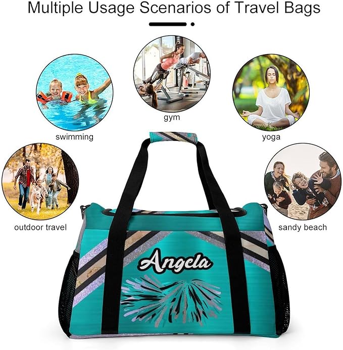 Cheer Teal Blue Cheerleading Pom Luggage Bag Waterproof Duffel Bag Adjustable Shoulder Strap Perform Training Travel Bag for Teens Adults Backpack