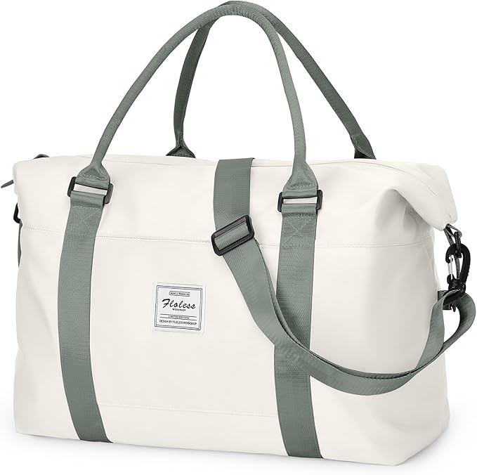 Travel Duffel Bags for Women Mens Waterproof Weekender Carry on Bag Sports Gym Bag Travel Tote Bags with Wet Pocket Overnight Bag Workout Duffel Bags with Trolley Sleeve Beige with Green