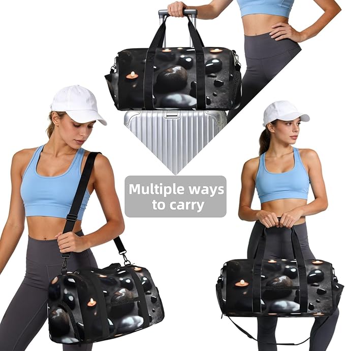 Black Mystery Heart Stone Print Gym Bag with Shoe Compartment for Women Men, 17.7in Sports Duffle Weekender Tote, Overnight Travel Duffel Bag Carry On
