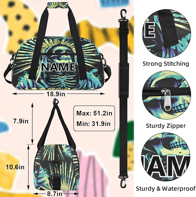 Skeleton Mini Gym Bag 18 inch for Women Men Waterproof Custom Skull Travel Duffel Bag Carry On Overnight Tote Nurse Bag for Work Fitness Hiking