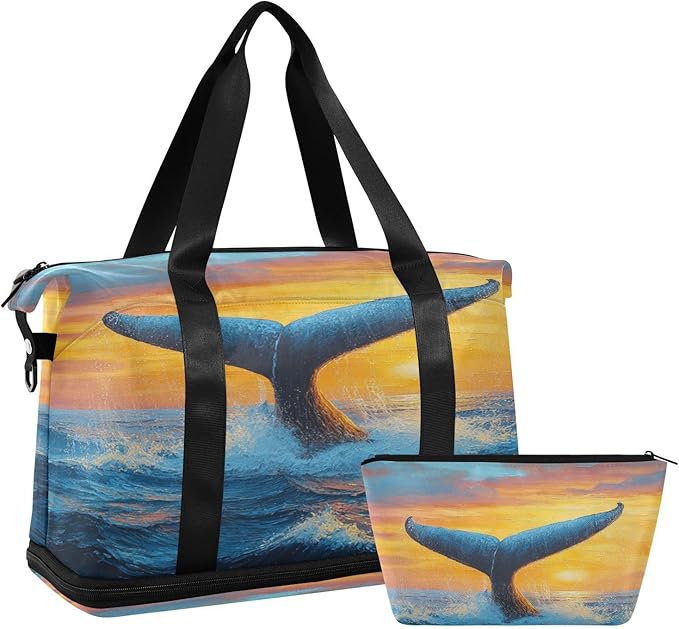Travel Duffel Bags for Women Blue Whale Tail Ocean Sunset Sports Duffel Bags Gym Bags with Shoes Compartment Tote Bag Weekender Bag for Travelling
