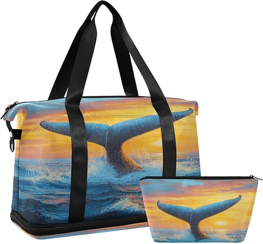 Travel Duffel Bags for Women Blue Whale Tail Ocean Sunset Sports Duffel Bags Gym Bags with Shoes Compartment Tote Bag Weekender Bag for Travelling