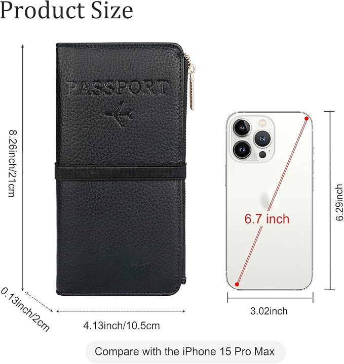 TIGARI Leather Passport Holder, RFID Blocking Wallet for Women, Zipper Pocket Card Slots, Travel Document Organizer (Black)