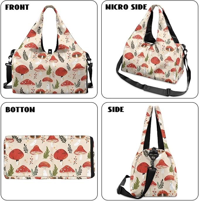 Mushroom Sports Bag with Shoe Compartment and Yoga Mat Holder Red for Women, Portable Gym Bag with Wet Pocket Waterproof Fitness Workout Sports Bag