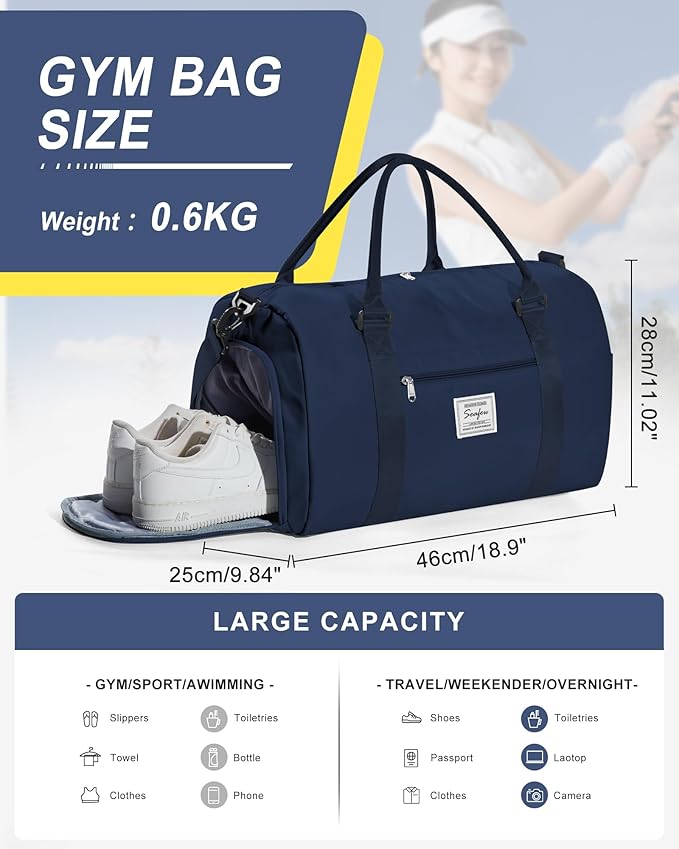 Gym Bag Womens Mens with Shoes Compartment and Wet Pocket Travel Duffel Bags for Women for Plane Sport Gym Tote Bags Swimming Yoga Waterproof Weekend Overnight Bag Carry on Bag Hospital Holdalls