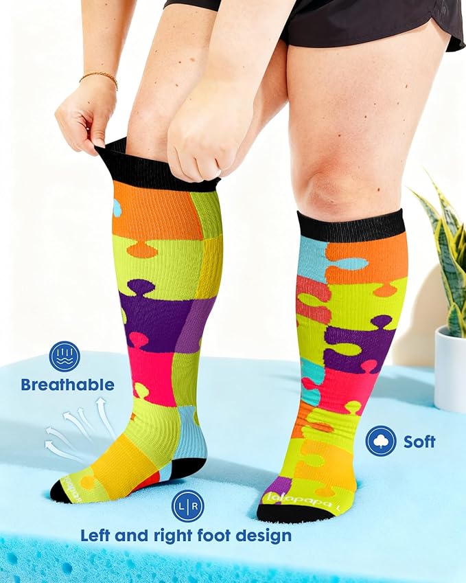Wide Calf Compression Socks for Women - 3-Pair Plus Size 20-30mmHg Ankle Support Easy on off Socks for Travel Nurse
