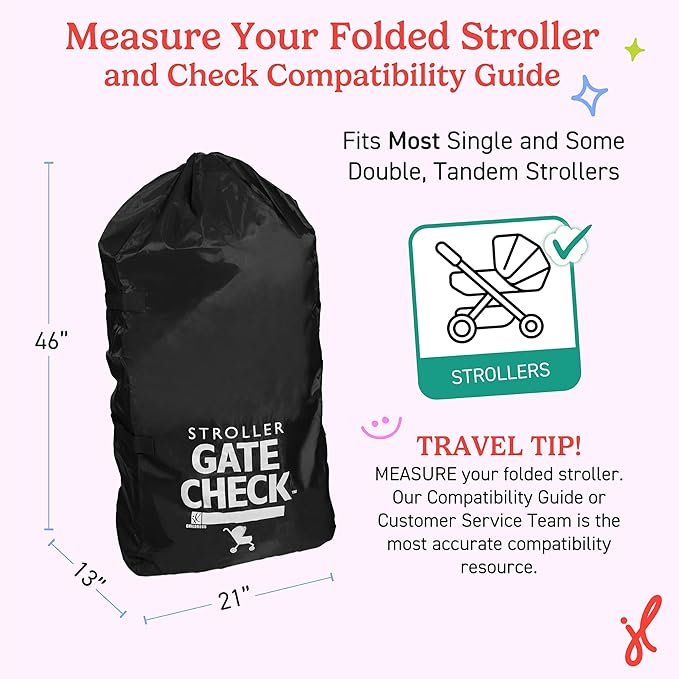 J.L. Childress Gate Check Bag for Single & Some Double Strollers - Travel Bag for Airplane, Fits Most Standard Baby Strollers, Airport Accessories Gate Check, Flying Essentials - Black