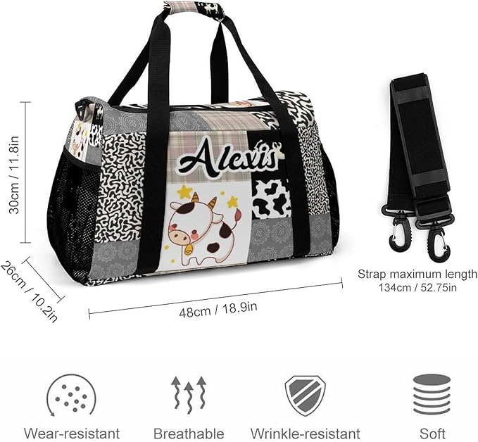 Travel Bag Khaki Gray Plaid Lattice Cow Customized Duffel Bags Weekender Overnight Bag Personalized Gift Adjustable Detachable Shoulder Strap Packs