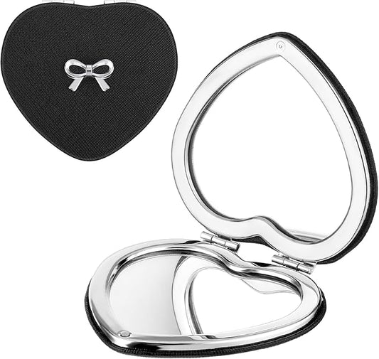 Compact Folding Heart Shaped Double-Sided 1X/2X Magnifying Mini Glitter Makeup Mirror with PU Leather for Women Home, Office and Travel (Silver)