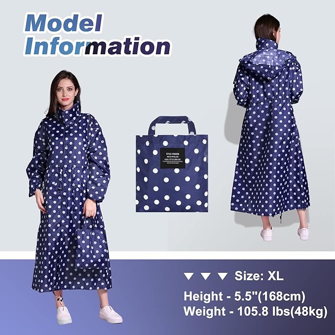 LAMA Womens Long Raincoats Rain Jacket Waterproof Packable Hooded Windbreaker Lightweight Adjustable Waist for Outdoor