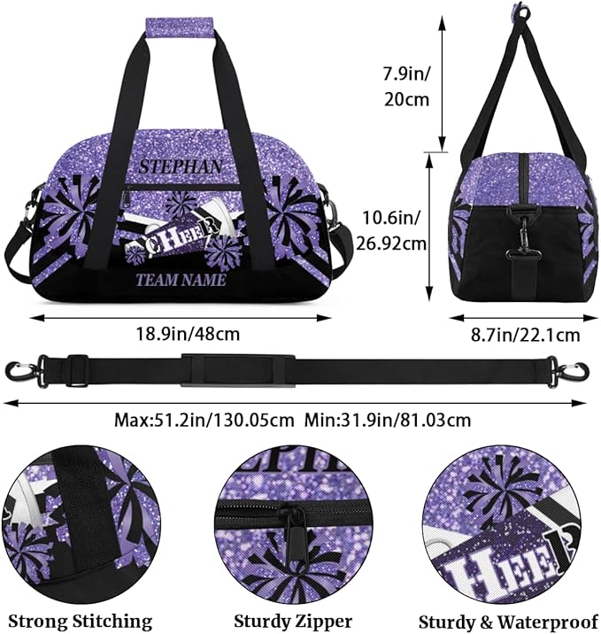 Cheer-Bag for Girls Personalized Cheer-Gifts with Name Cheerleading Bag for Gym Duffel Bag Purple Glitter Print