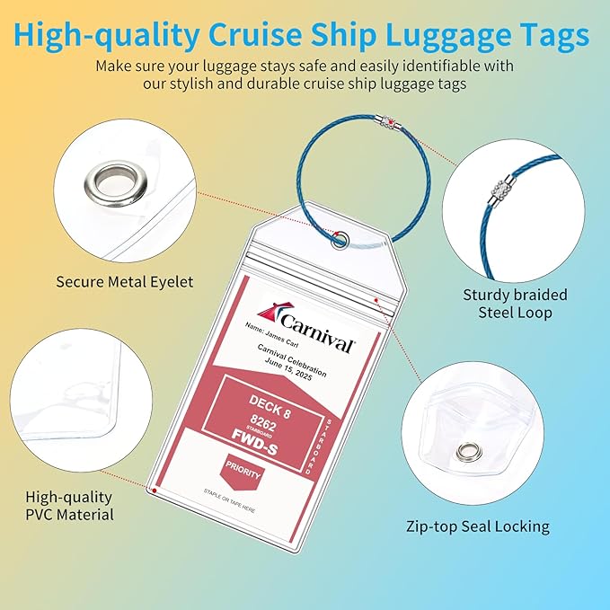 Carnival Cruise Luggage Tag Holders, 8 Pcs Zip Seal Clear Cruise Luggage Tag Holder with Steel Loops for All Carnival Cruise Line Ships & Tags for Cruises in 2025 & 2026