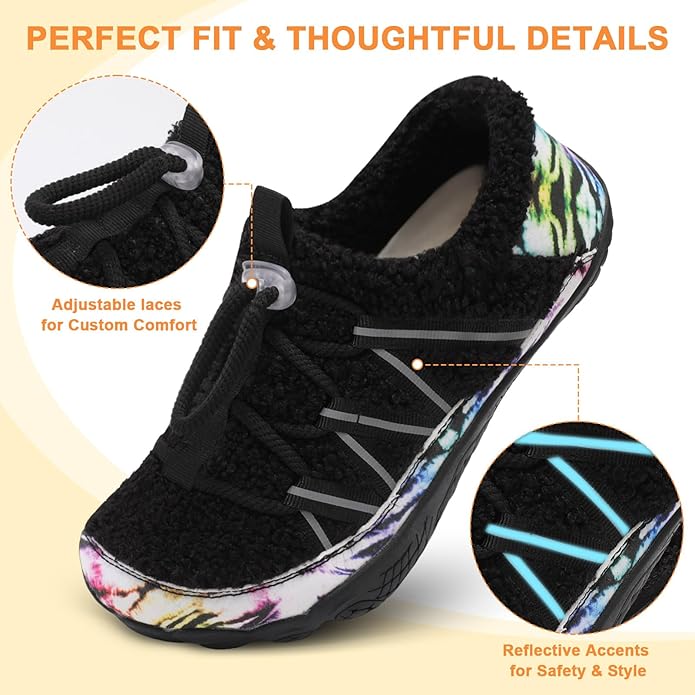 relxfeet Women's Wide Width Slippers Cozy Furry Barefoot House Shoes with Adjustable Fit Non-Slip Indoor Outdoor Slippers for Diabetic Bunion Swollen Feet Friendly