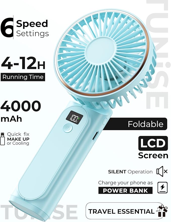 Portable Handheld Fan, 4000mAh, 180 Adjustable, 6 Speed Wind, USB Rechargeable Foldable Fan with Real-Time Electricity Display