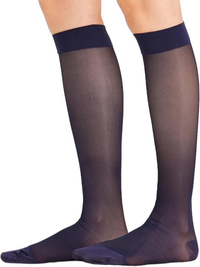 2 Pairs Sheer Compression Socks for Women - 15-20 mmHg Knee High Sheer Compression Stockings for Support Circulation Swelling Edema Work Office Travel, Navy, Large