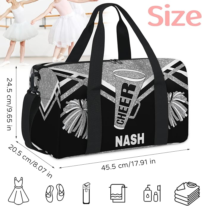 Custom Name Overnight Duffel Cheerleaders Bag, Personalized Sport Gym Travel Weekender Bags, Small, 17.91" x 8.07" x 9.65", Silver Black Glitters Cheer Team