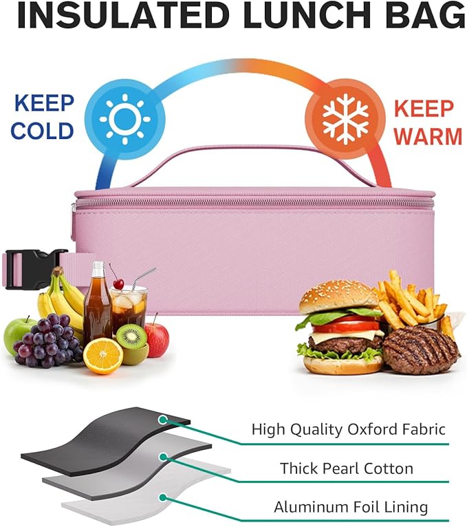 HowFly Small Lunch Bag - Insulated Lunch Box Bag for Women Men - Portable Thermal Reusable Meal Cooler Bags with Buckle Handle for Work School - Pink