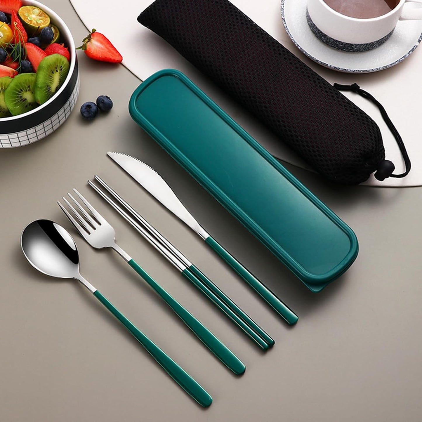 VANRA 4-Piece Portable Travel Utensils Set with Case 18/8 Stainless Steel Flatware Set Reusable Cutlery Set with Fork Spoon Knife Chopstick for Lunch Travel Camping School Work Picnic (Deep Green)