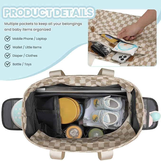 Large Travel Diaper Bag Tote with 14 Inch Laptop Sleeve, Breast Pump Bag for Mom and Dad, Mommy Maternity Travel Baby Bag for Boys and Girls, Plaid