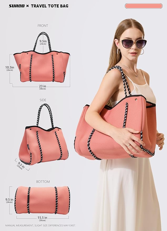 Neoprene Tote Bag for Women, Large Travel Beach Bag with Detachable Pouch, Stylish Lightweight Everyday Carryall