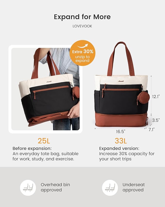 LOVEVOOK Tote Bag for Women, Expandable Laptop Work Bag 15.6 Inch, 33L Large Travel Handbag with 40oz Tumbler Holder, TSA