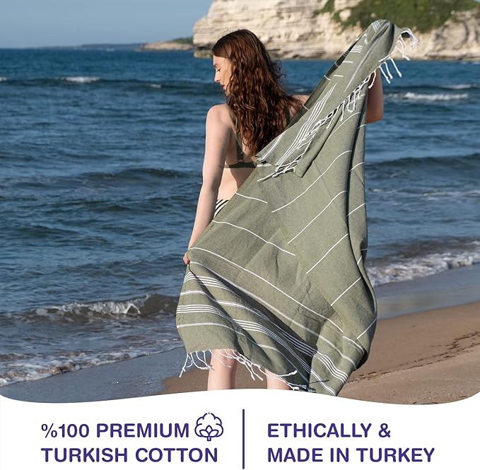 Turkish Beach Towels, Bulk Case of 36 | Oversized, Quick Dry, Sand Free | 100% Cotton, Large 38x71 Towels for Beach, Pool, Travel | Ultra-Soft, Compact, Absorbent | Olive Green