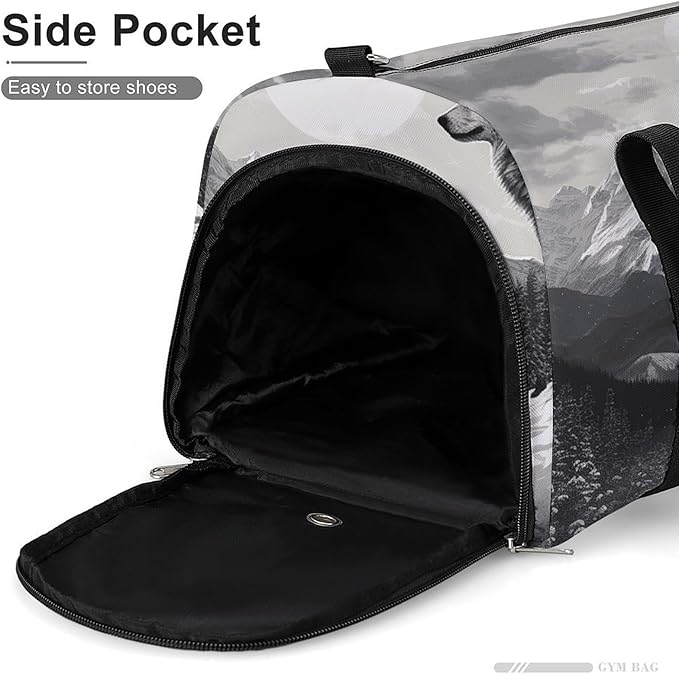 Snow Mountain Lone Wolf Gym Bag Lightweight ，Travel Duffle Bag with Shoe Compartment，Gym Bag for Women for Overnight, Weekend, Yoga, Gym, Business Trips, Sport And Hospital.