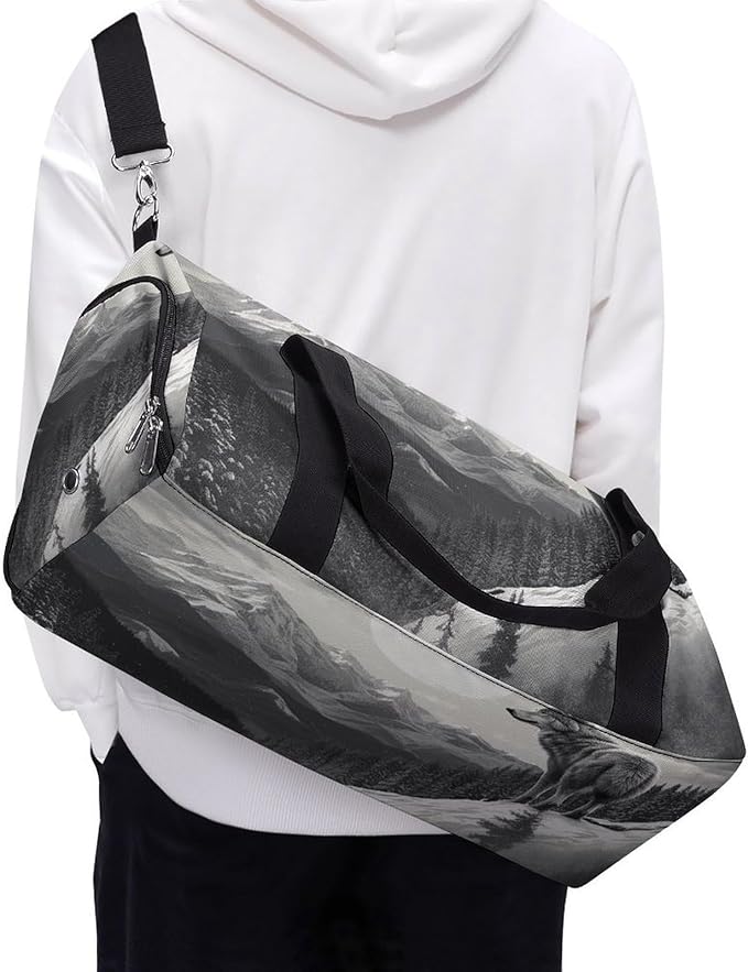Snow Mountain Lone Wolf Gym Bag Lightweight ，Travel Duffle Bag with Shoe Compartment，Gym Bag for Women for Overnight, Weekend, Yoga, Gym, Business Trips, Sport And Hospital.