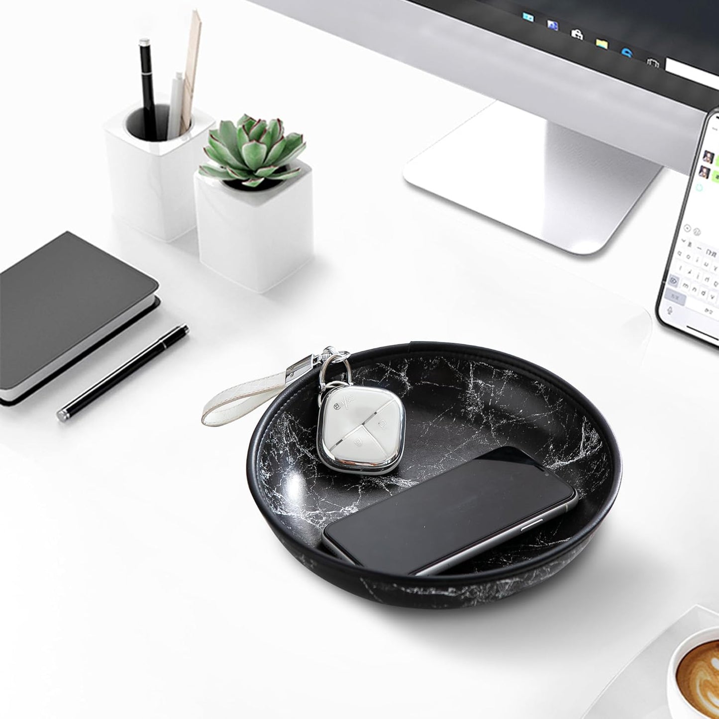 2025 Improved Design Round Marbled Leather Valet Tray Organizer Set of 2, Hard Leather Catchall Tray for Watches, Keys, Wallets, Jewelry & Candys on Desk, Bedside, Nightstand(Round Hard)