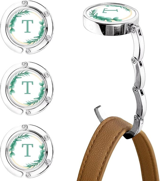 XSUIOY 3Pcs Personalized Initial Foldable Purse Hook for Table,Crushed Flower Letters Folding Purse Hanger,Purse Holder Handbag Hanger Collection Desk Table Bag Hooks Gifts for Women Bag(Green-T)