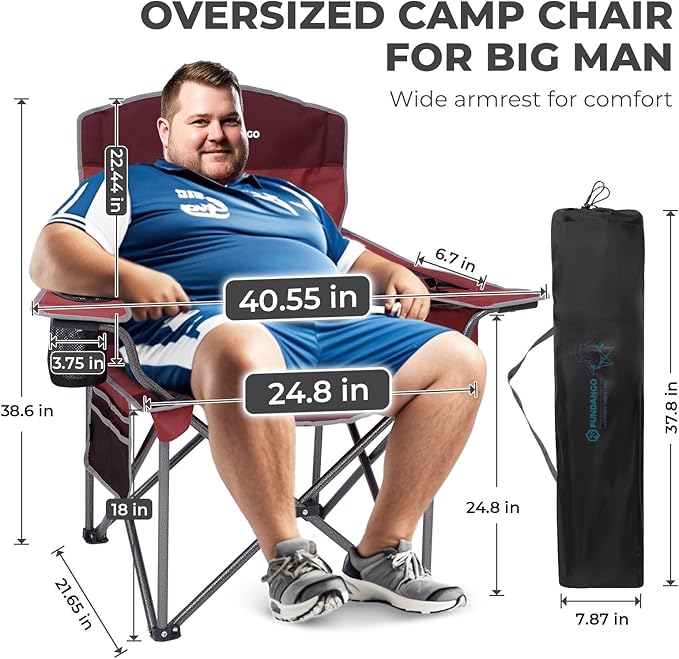FUNDANGO Oversized Camping Chairs for Adults, Heavy Duty Fold Up Sports Games Lawn Chairs, Extra Wide Big Man Outdoor Chairs with Padded Lumbar Support Backrest, Bag Included for Camp, Outside, Beach
