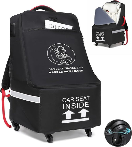 MCBD Car Seat Travel Bag for Airplane with Wheels, Padded Baby Carseat Backpack for Airport Gate Check Carrier Fits Booster Seat & Luggage Toddler Carseat Cover with Reflective Strips, Black