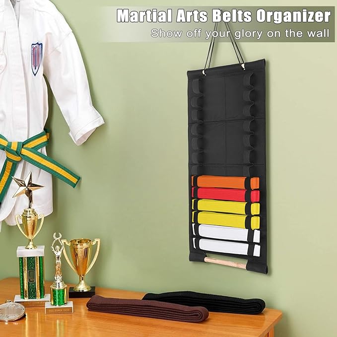 Karate Belt Display Rack, Taekwondo Belt Display Holder with Bamboo Medal Rack, Jiu Jitsu Belt Hanging Holder, Felt Martial Arts Belts Organizer for Taekwondo, Karate, BJJ Learners