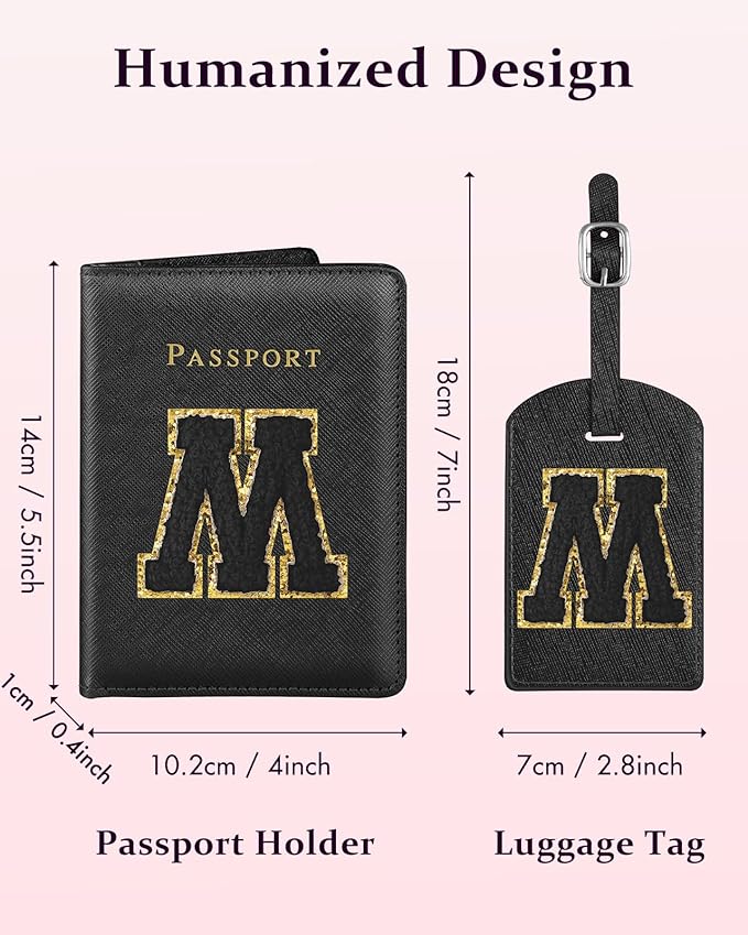 Slohif Passport Holder Initial Lugguage Tag Set Suitcase Cover Wallet Case for Travel Women - Leather Letter Passport Book Personalized Organizer Card Protector Sleeve Essentials Slim Carrier Black M