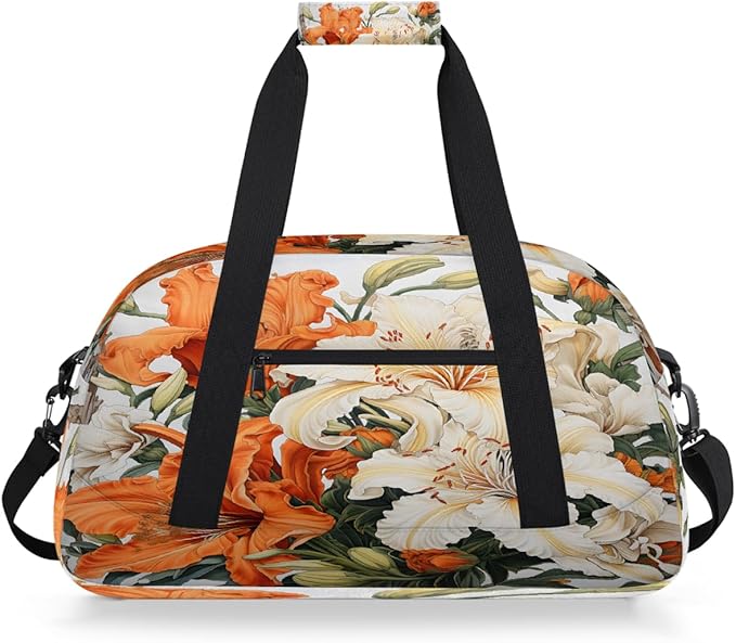 Travel Duffle Bag, Orange White Flowers Waterproof Weekender Overnight Bags for Women Men Lightweight Carry on Duffle Gym Bag for Travel, Sports, Fitness, Workout