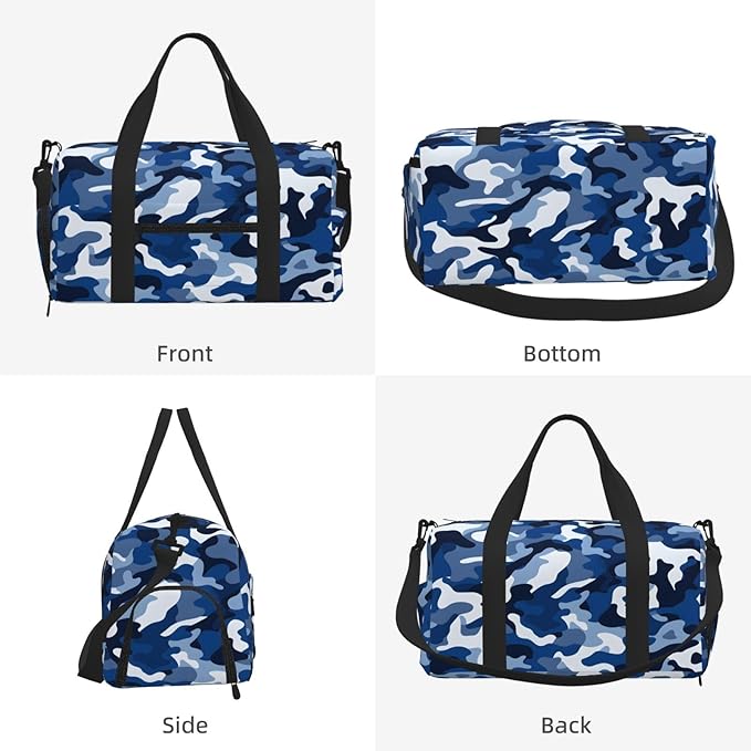 Sports Gym Bag Nave Blue Military Camo Travel Duffel Bag With Shoe Compartment Shoulder Strap, Lightweight Water-Resistant Weekend Overnight Totes For Women Men