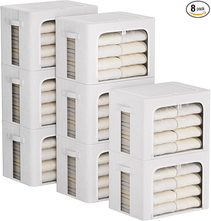 FHSQX 8 Pack Clothes Storage Bins - Foldable Storage Bins for Clothes Fabric Storage Box with Metal Frame (Cream White, 16.5x12.2x12.2 inch)