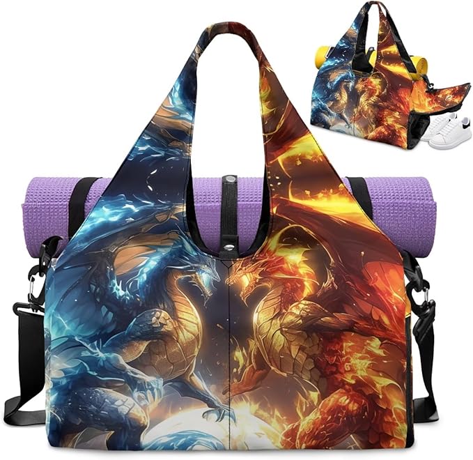 Novelty Sports Duffle Bag for Men Fire Dragon Gym Bag with Shoe Compartment Waterproof Large Capacity Sport Tote Bag with Adjustable Shoulder Strap Zipper Pockets,Yoga Mat Holder Bag
