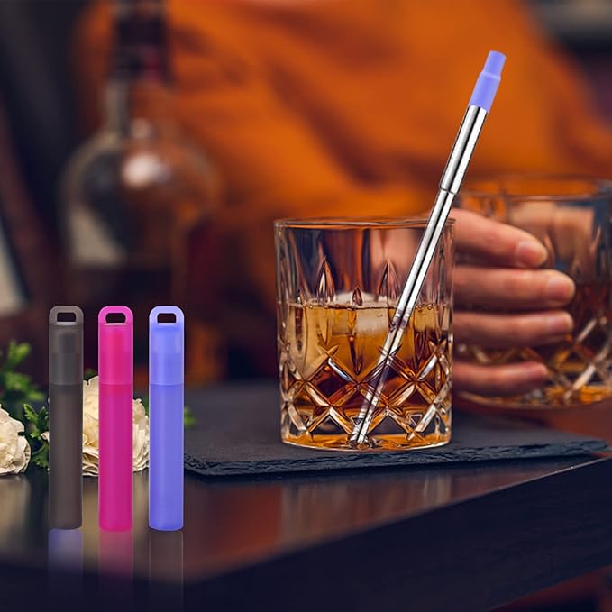 NAIVELY-Reusable Metal Straws 3 Pack Collapsible Stainless Steel Straw,travel straw with case and Cleaning Brush,Retractable Portable Pocket Straws(Gray, Red, Purple orchid, Telescopic brush)