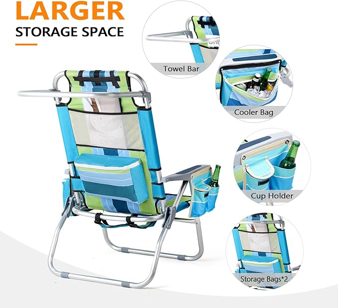 VINGLI Backpack Beach Chair 2 Pack, with 5-Position, Cup Holders, Cooler Bag, Towel Bar, Lightweight Folding Beach Camping Chairs for Adults（Blue/Green-13