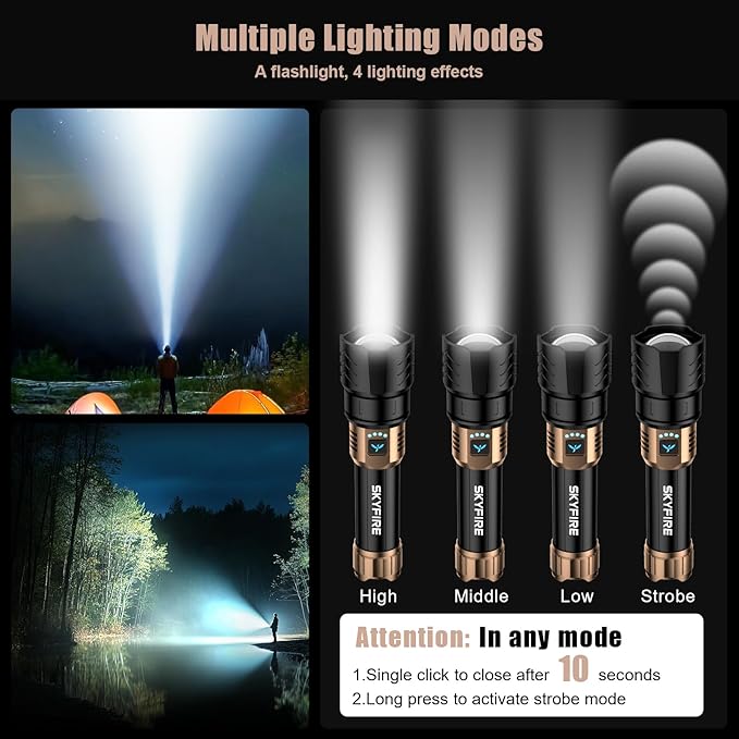 SKYFIRE LED Flashlights High Lumens with Ignition Lens,2000lm Super Bright Rechargeable Flashlight, Zoomable,Four Modes,Waterproof Tactical Flash Light for Camping Essentials,Outdoor and Home,Gift