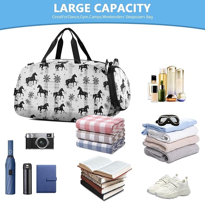 Black Horse Buffalo Plaid Snowflakes Girl's Gym Duffel Bag with Shoes Compartment Lightweight Carry on Luggage for School Practice, Sports, Travel bolsa para hombre